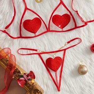 Mesh Heart Pattern Spaghetti Straps Lingerie Set, Intimates Bra & Thong, Women's